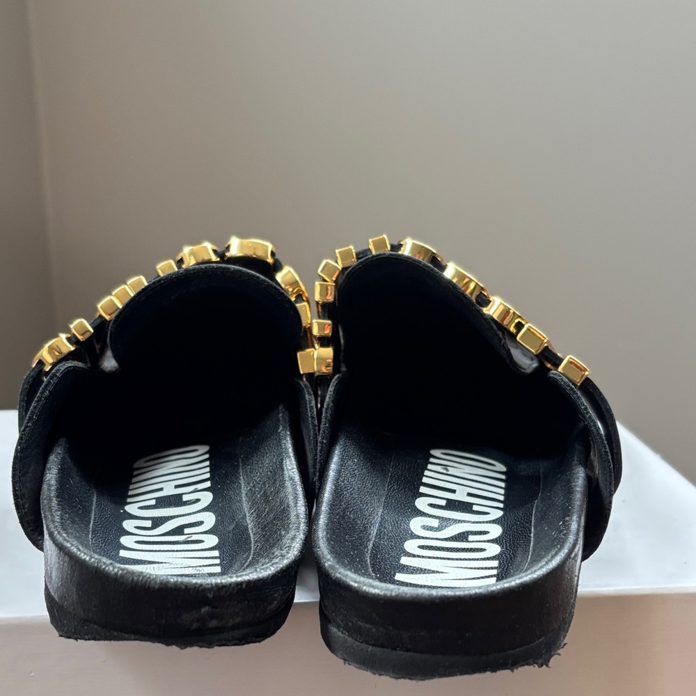 Moschino Black Leather Logo Slide Mules with Gold Lettering - Picture 6 of 7
